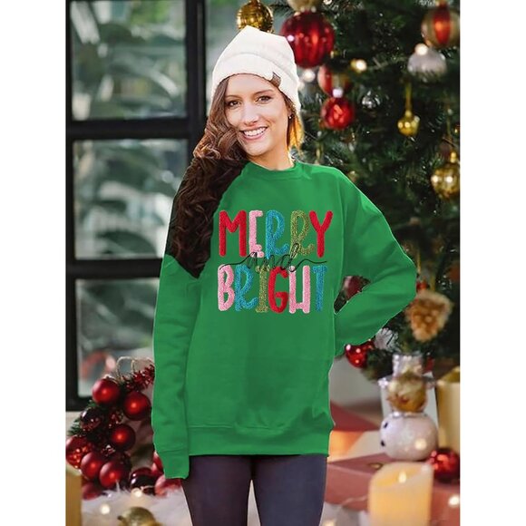 Women’s Cotton Blend Christmas Sweater Long Sleeve Cheerful Patch Top - Picture 3 of 5